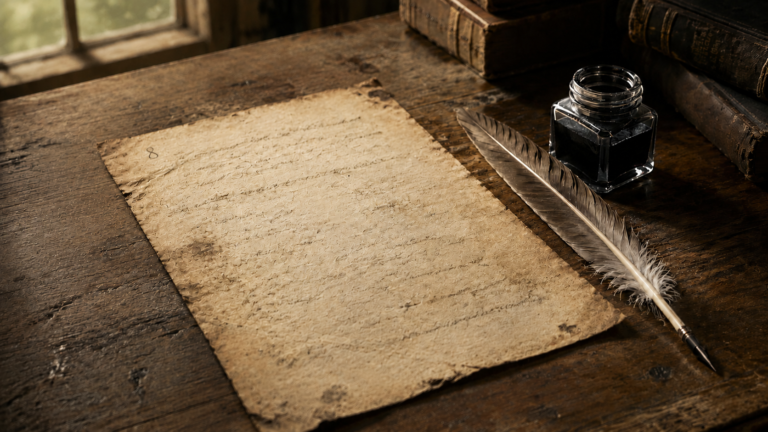 An aged handwritten letter resting on a dark wooden desk beside an old-fashioned quill. Faded, mostly illegible writing covers the weathered paper, with the number eight written naturally near the upper-left in the same ink and handwriting style.