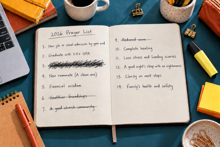 Open 2026 prayer list on a blue desk, with answered prayers crossed out and one prayer scratched out