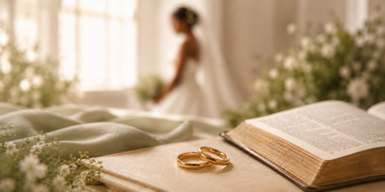 Gold wedding rings beside an open Bible with a blurred bride in the background, symbolizing Christ and His Church.